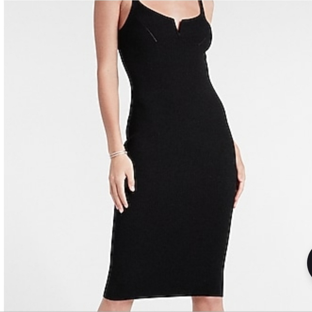 Express Black Ribbed Bodycon Midi Dress Sleeveless V Notch Large